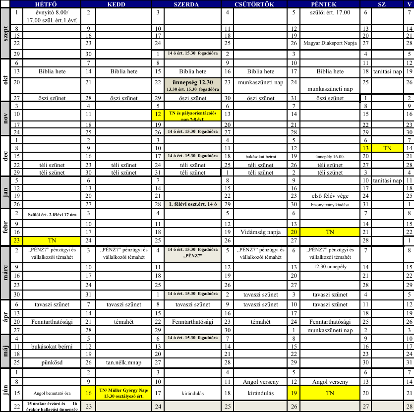 Tanév rendje a 2024/2025-es tanévben a Müller György Általános Óvoda, Általános Iskola és Alapfokú Művészeti Iskolában