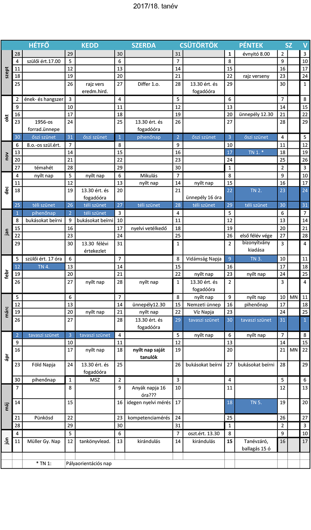 Tanév rendje a 2017/2018-as tanévben a Müller György Általános Iskolában